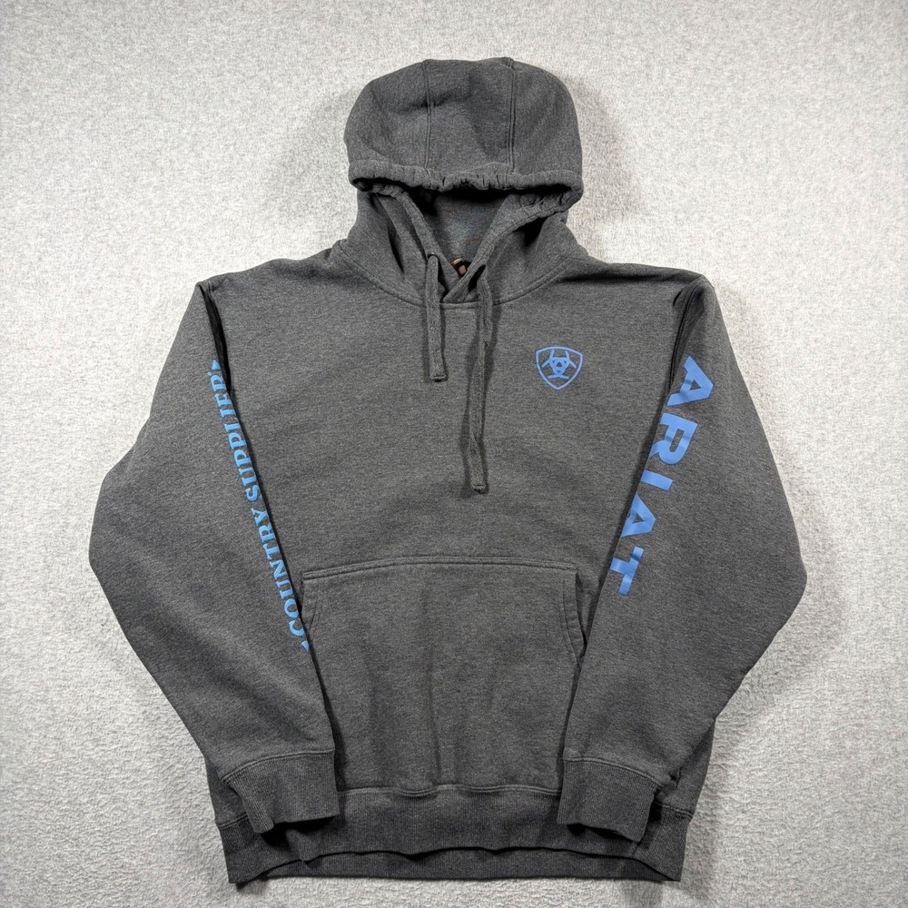 Ariat Logo Hoodie Mens Medium Gray Blue Coastal Country Supplier Sweatshirt